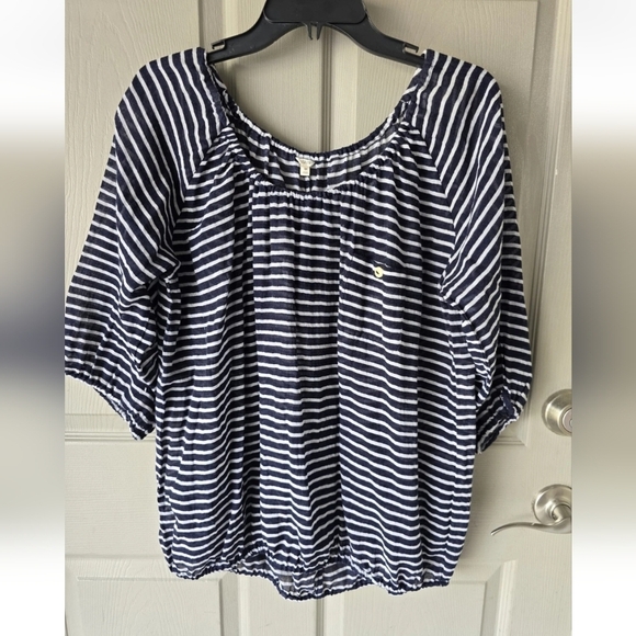 J Crew Sheeer Blouse  Medium Women Navy Blue White Striped Cotton See Thru - Picture 5 of 13